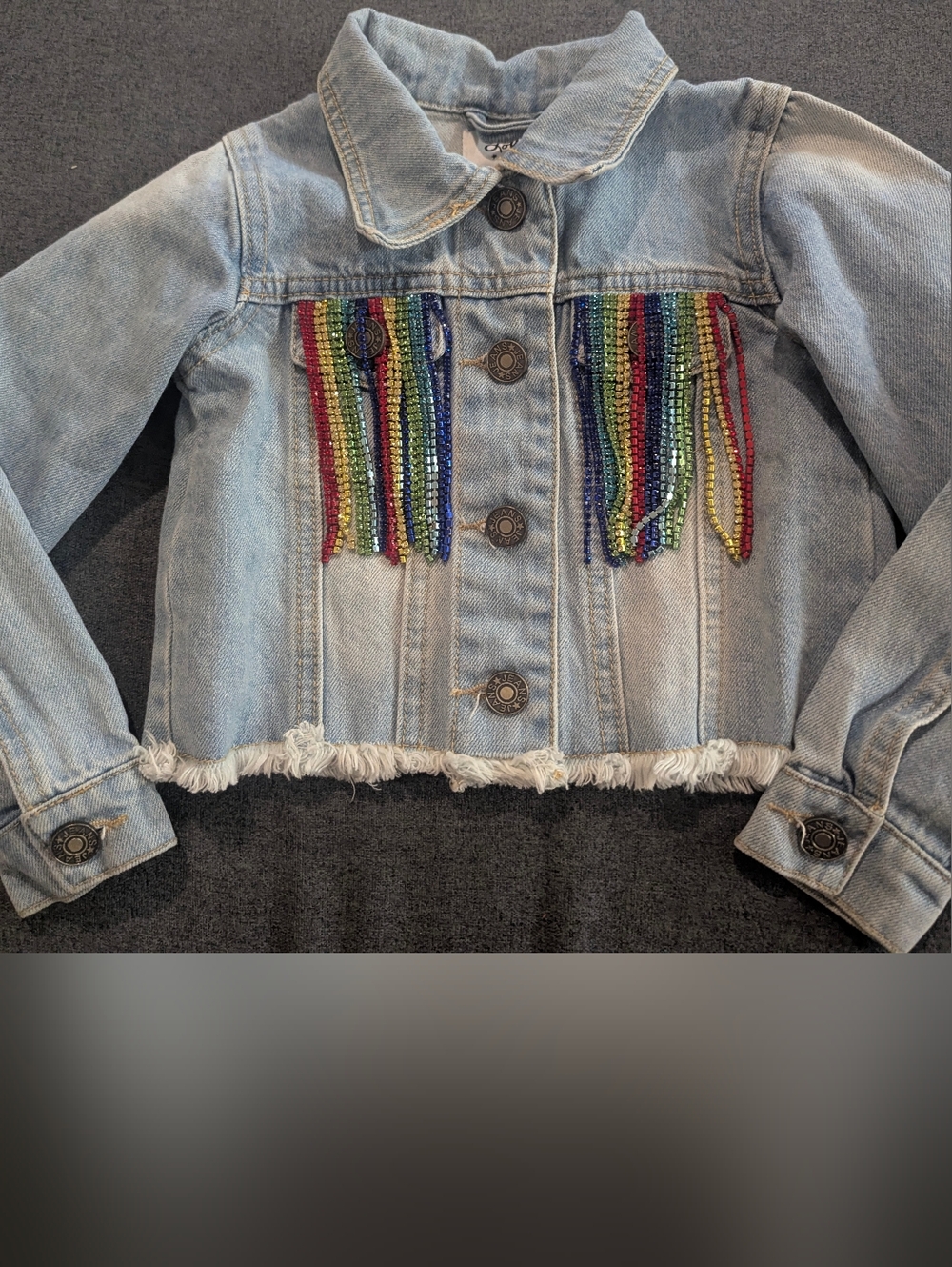 Lola + The Boys Light Wash Denim Jacket with Rainbow Beaded Fringe